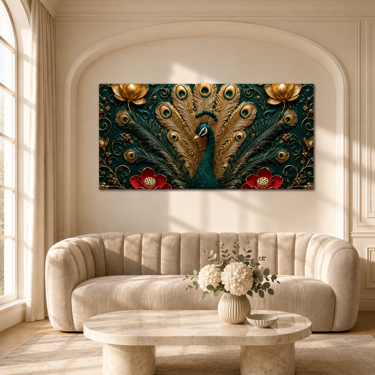 Royal Peacock 3D Painting with Floral Design and Elegant Gold Details