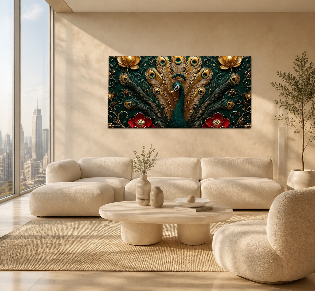 Royal Peacock 3D Painting with Floral Design and Elegant Gold Details