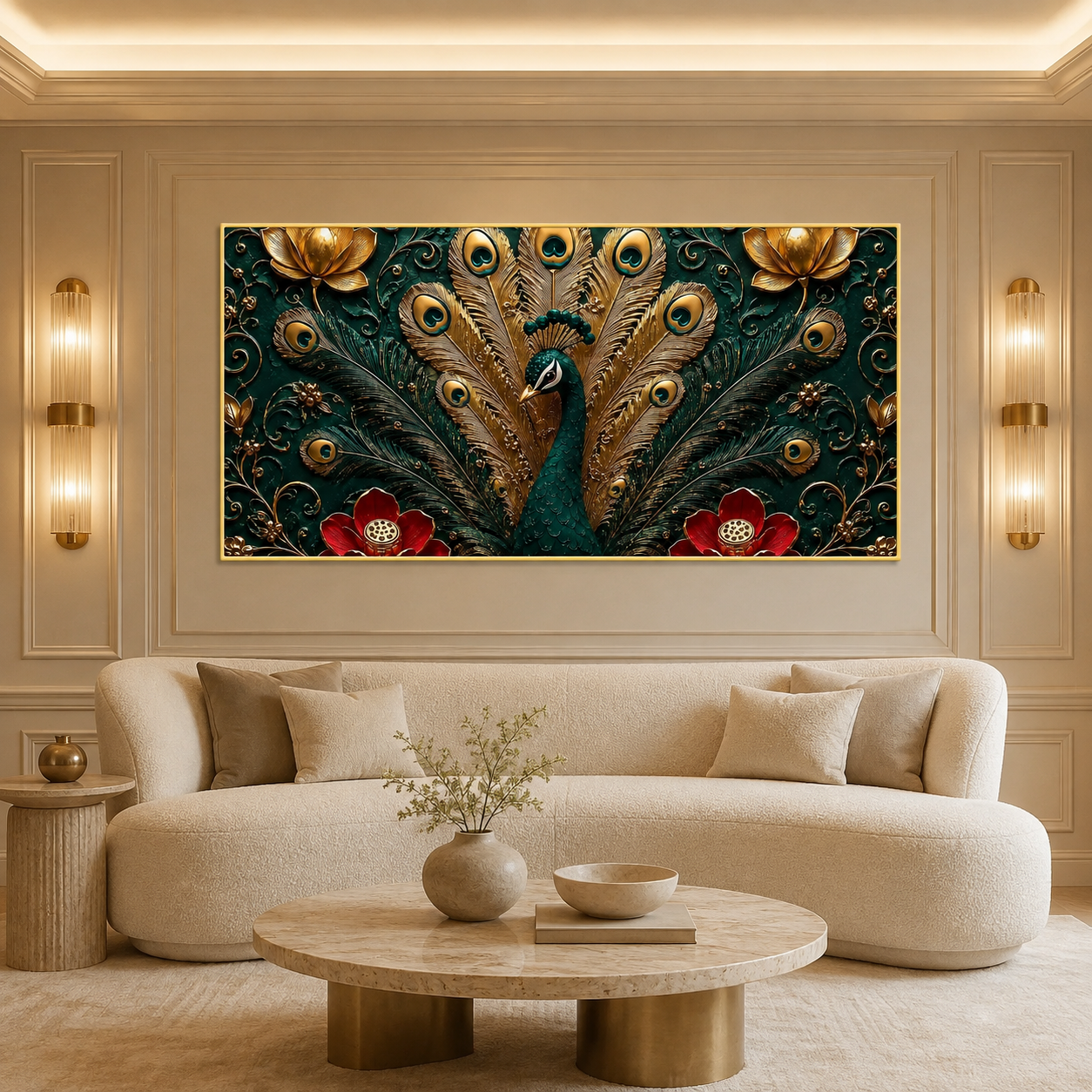 Royal Peacock 3D Painting with Floral Design and Elegant Gold Details