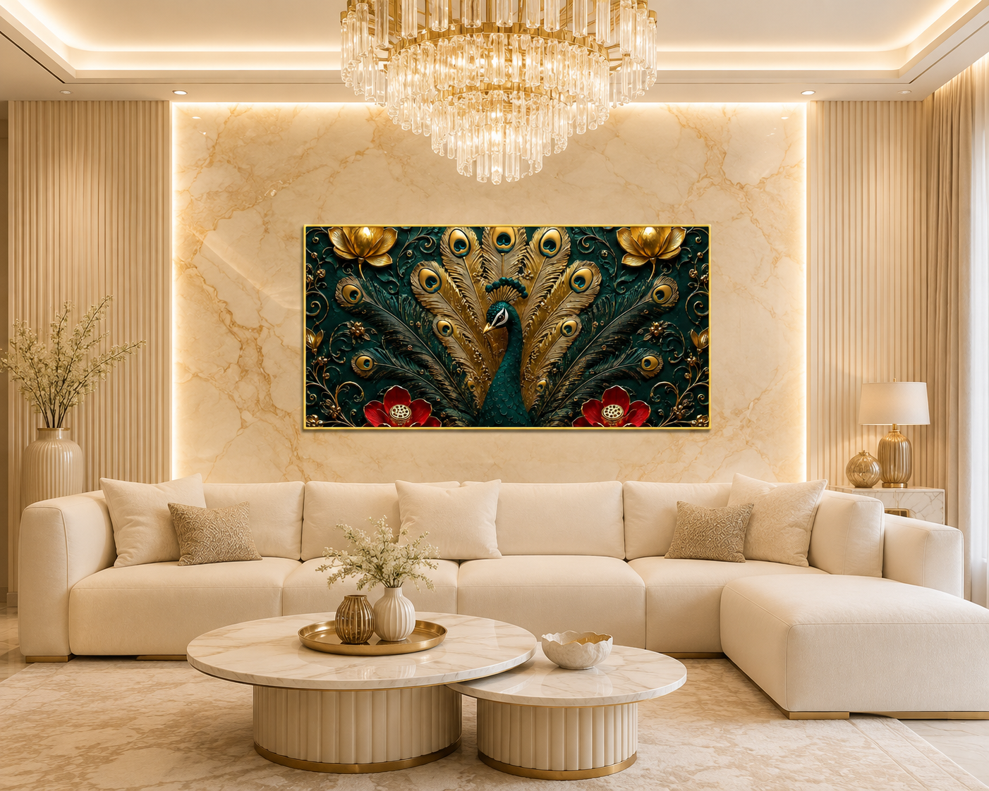 Royal Peacock 3D Painting with Floral Design and Elegant Gold Details