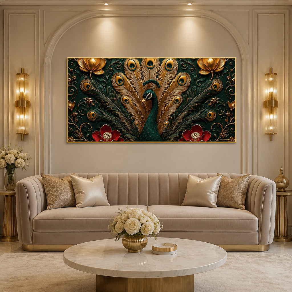 Royal Peacock 3D Painting with Floral Design and Elegant Gold Details