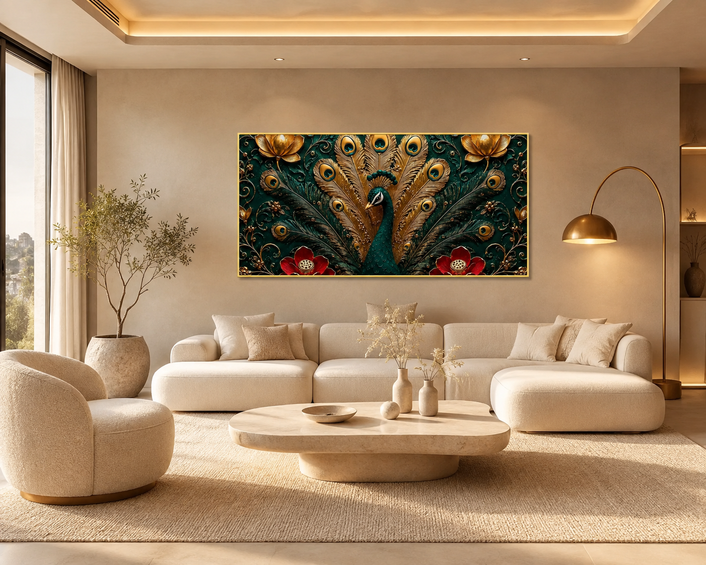 Royal Peacock 3D Painting with Floral Design and Elegant Gold Details