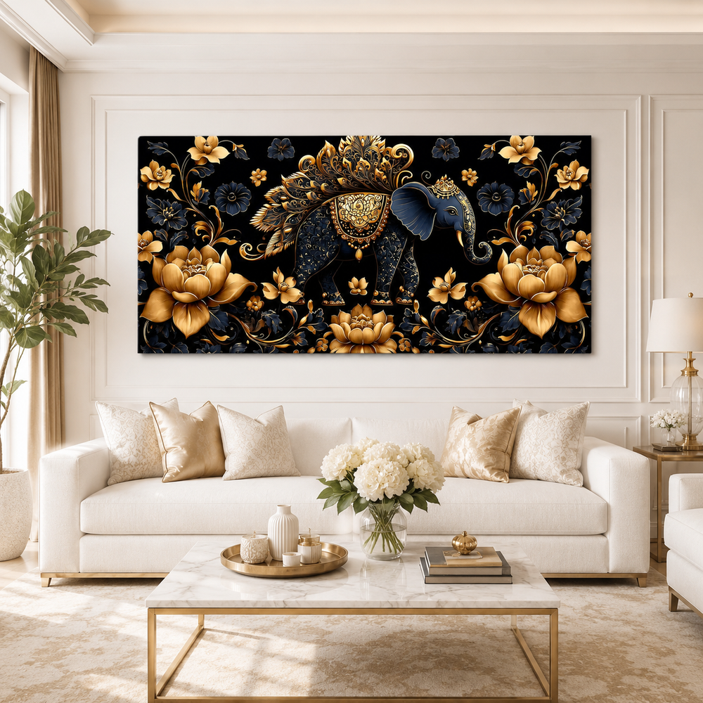 Designer 3D Elephant Wall Art Painting with Golden Floral Details and Rich Blue Background for Living Room