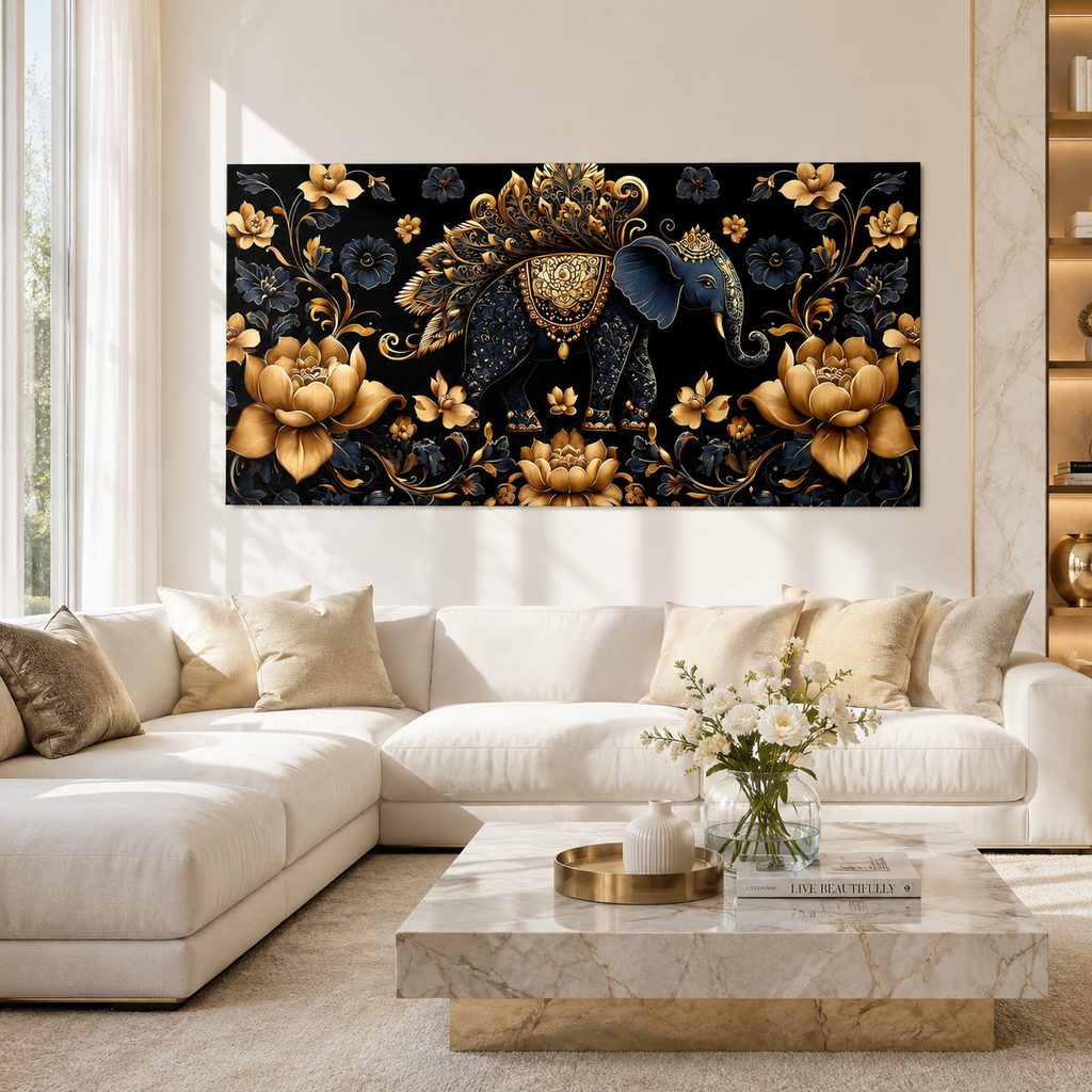 Designer 3D Elephant Wall Art Painting with Golden Floral Details and Rich Blue Background for Living Room