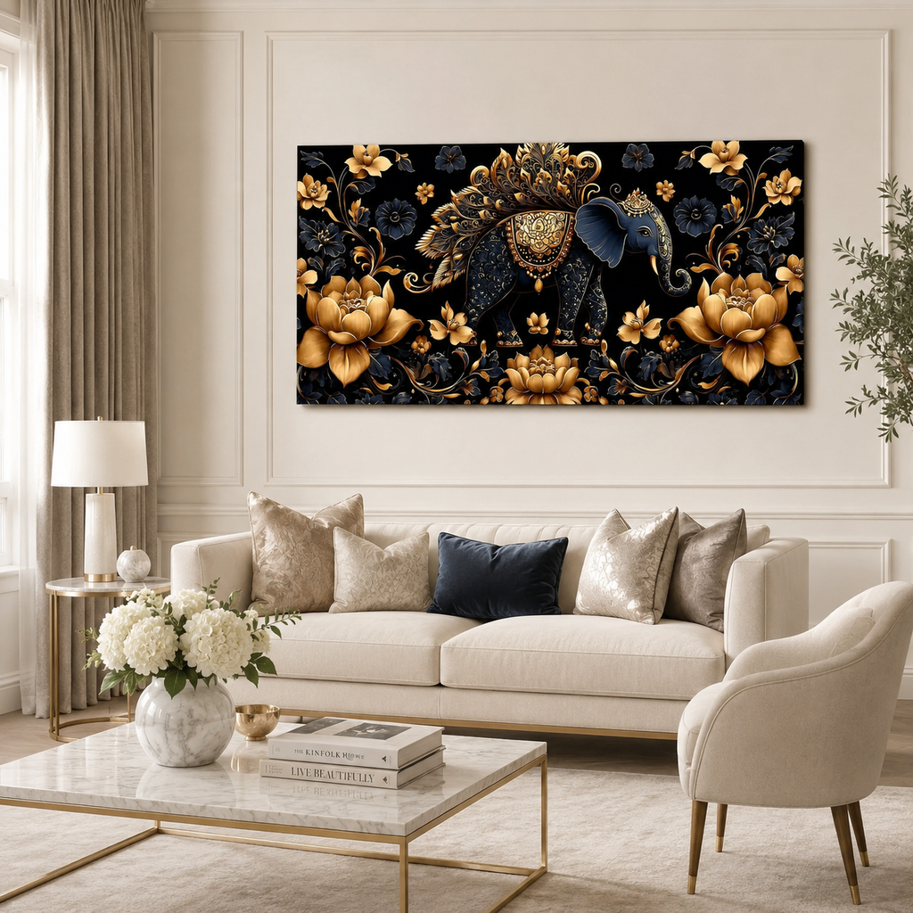 Designer 3D Elephant Wall Art Painting with Golden Floral Details and Rich Blue Background for Living Room