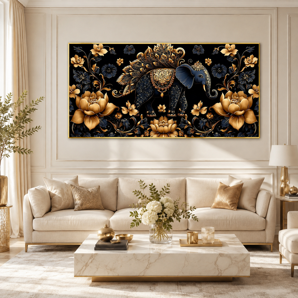 Designer 3D Elephant Wall Art Painting with Golden Floral Details and Rich Blue Background for Living Room