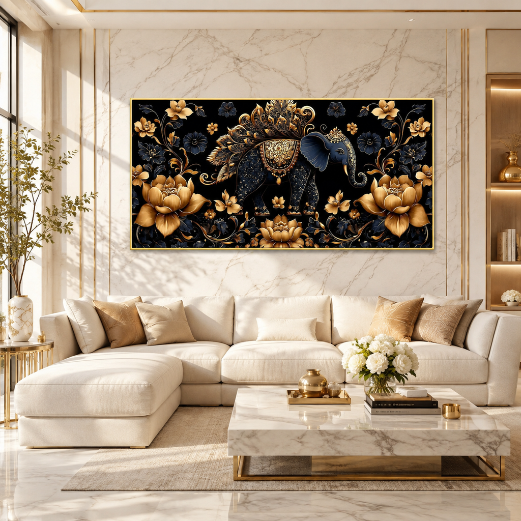 Designer 3D Elephant Wall Art Painting with Golden Floral Details and Rich Blue Background for Living Room