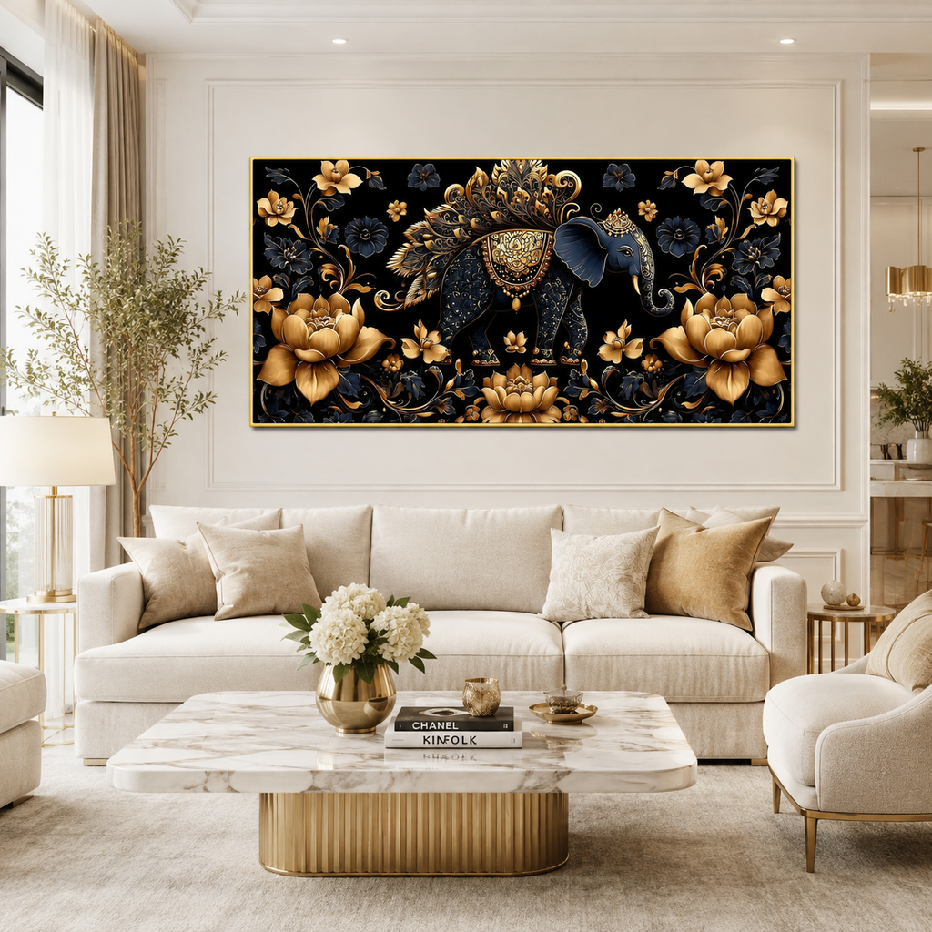Designer 3D Elephant Wall Art Painting with Golden Floral Details and Rich Blue Background for Living Room