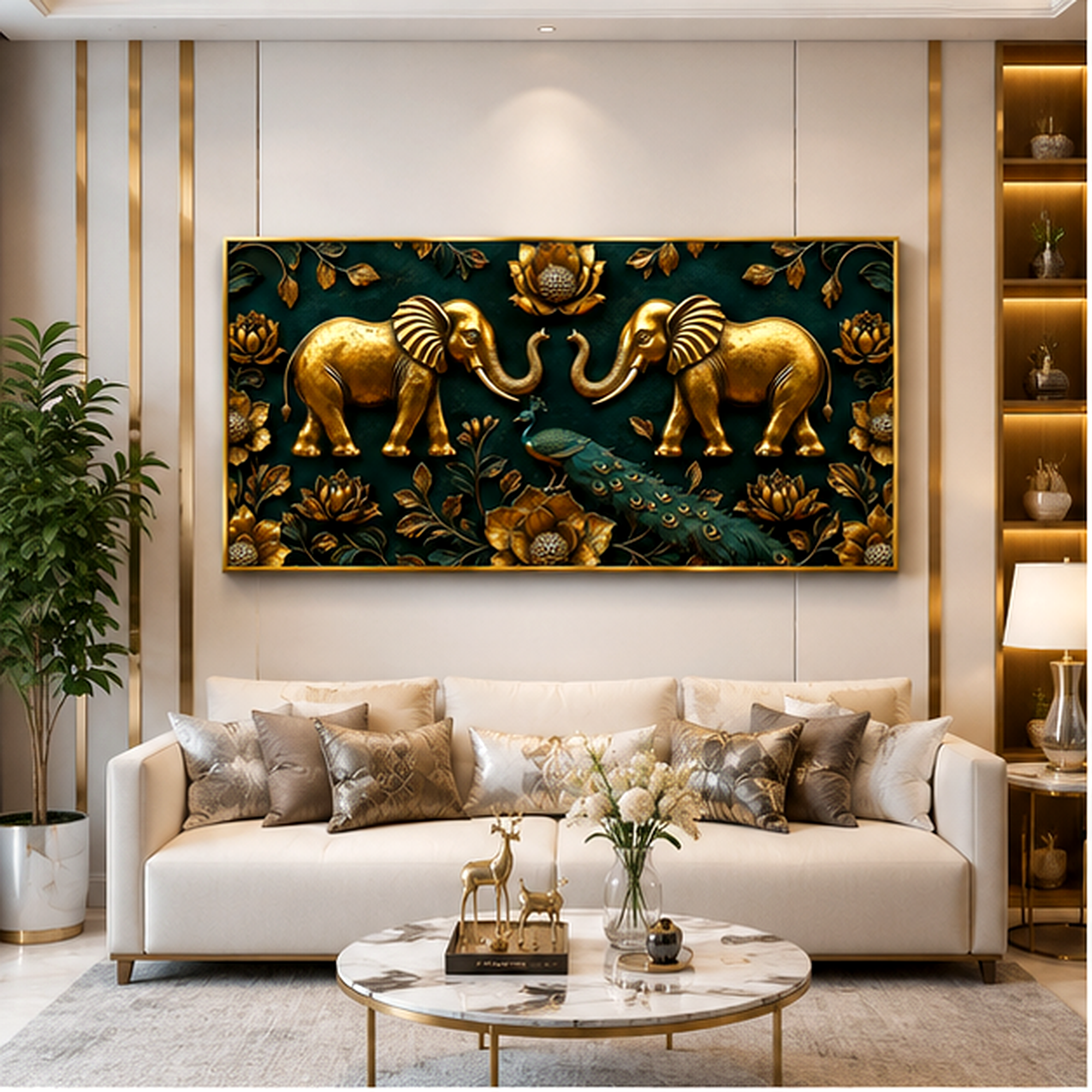Modern Golden Elephants Emerald Green 3D Canvas Painting