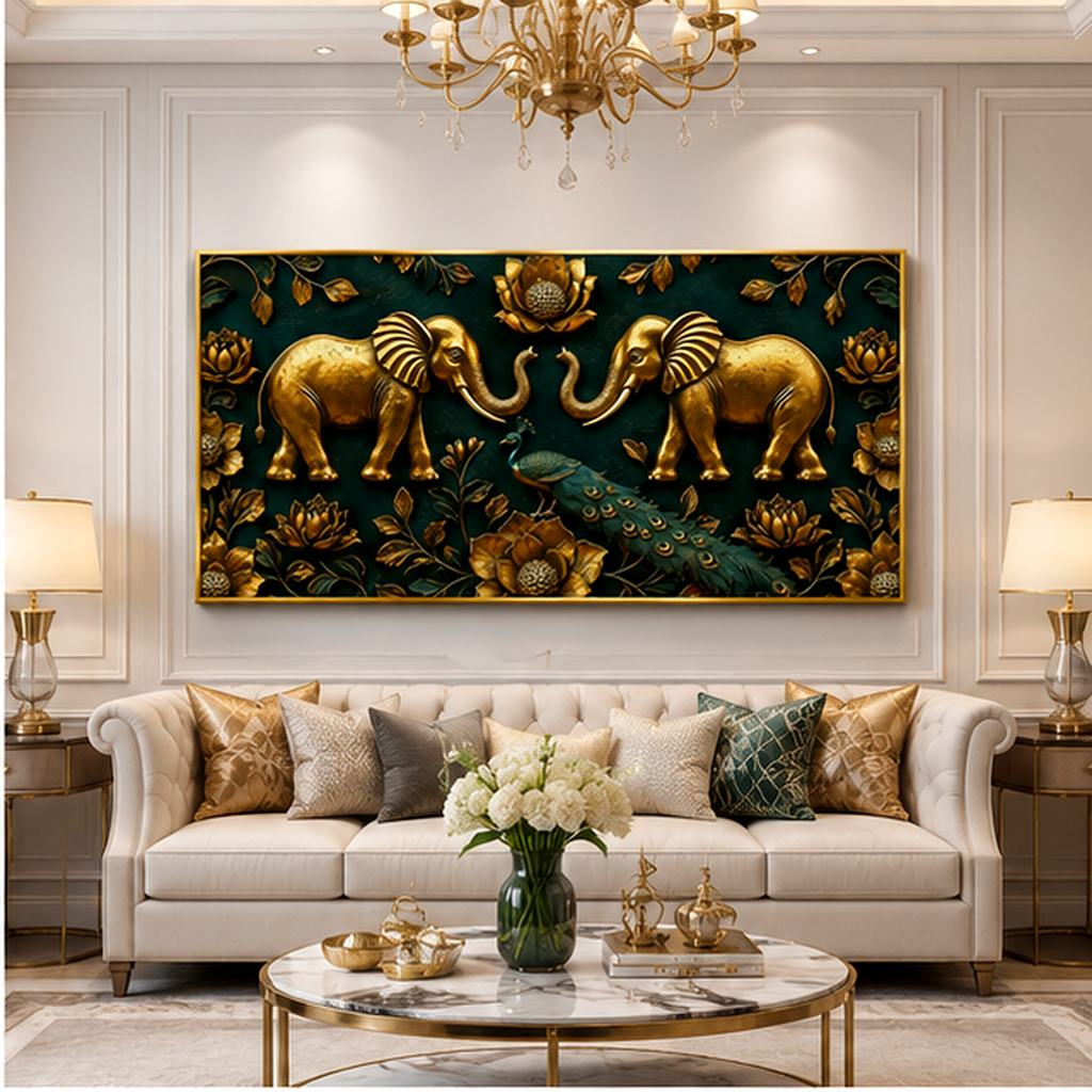 Modern Golden Elephants Emerald Green 3D Canvas Painting