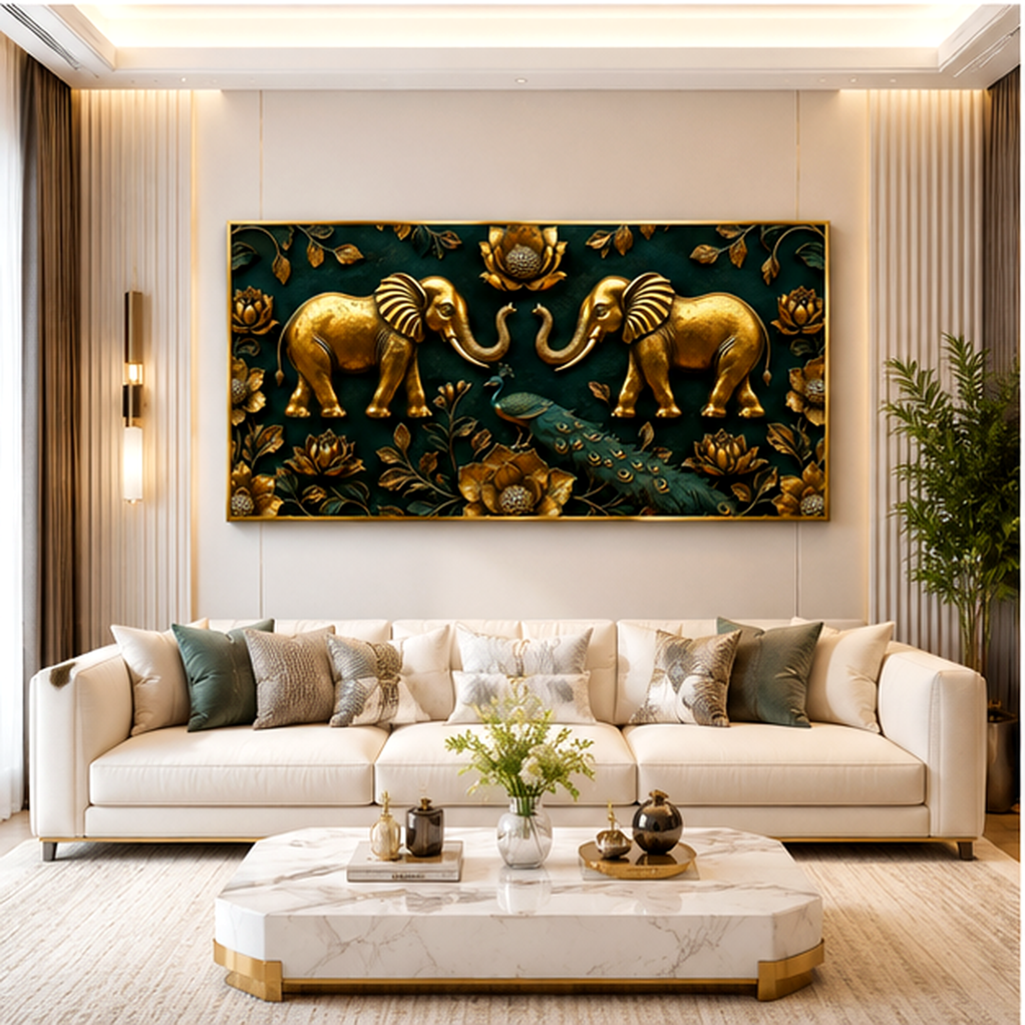 Modern Golden Elephants Emerald Green 3D Canvas Painting