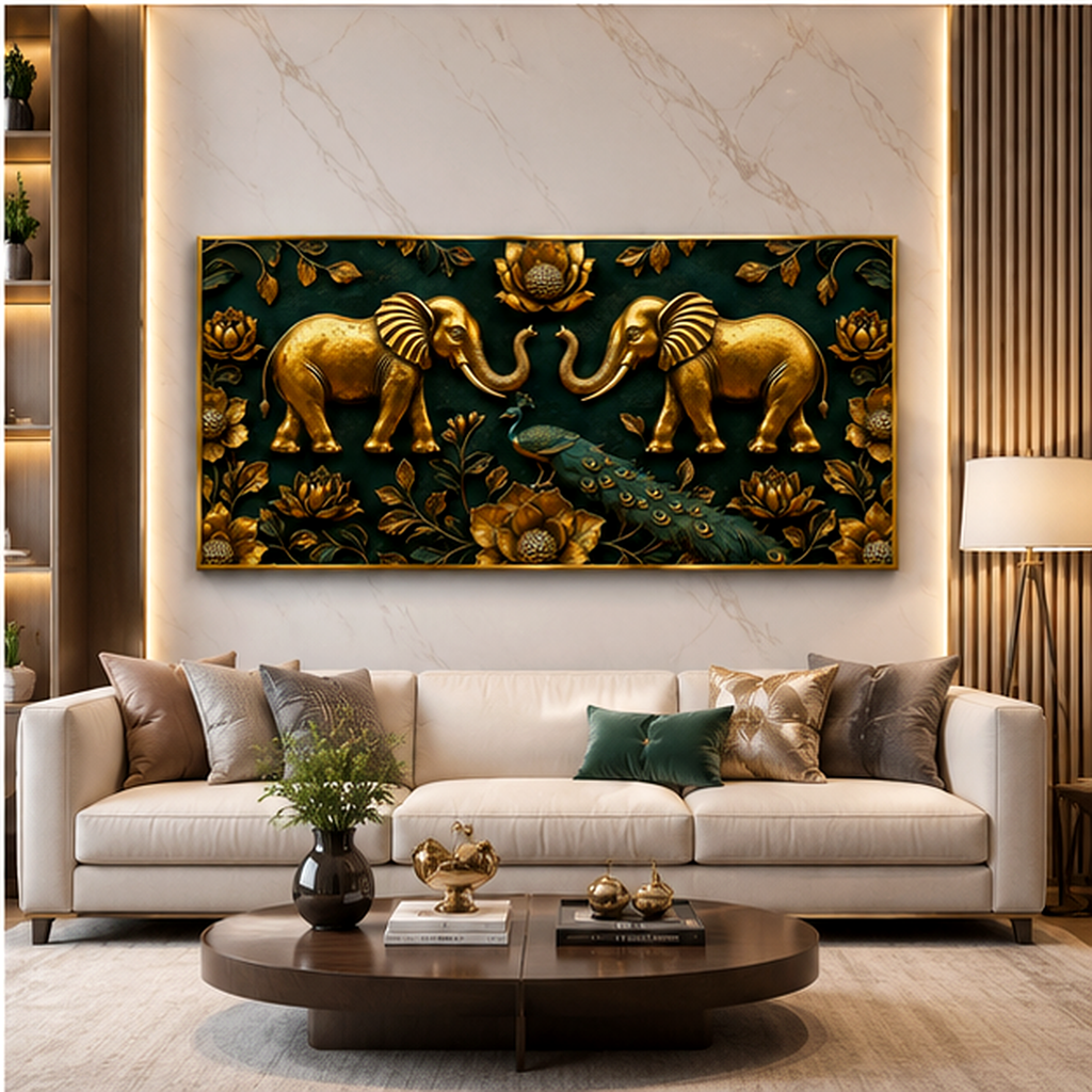 Modern Golden Elephants Emerald Green 3D Canvas Painting
