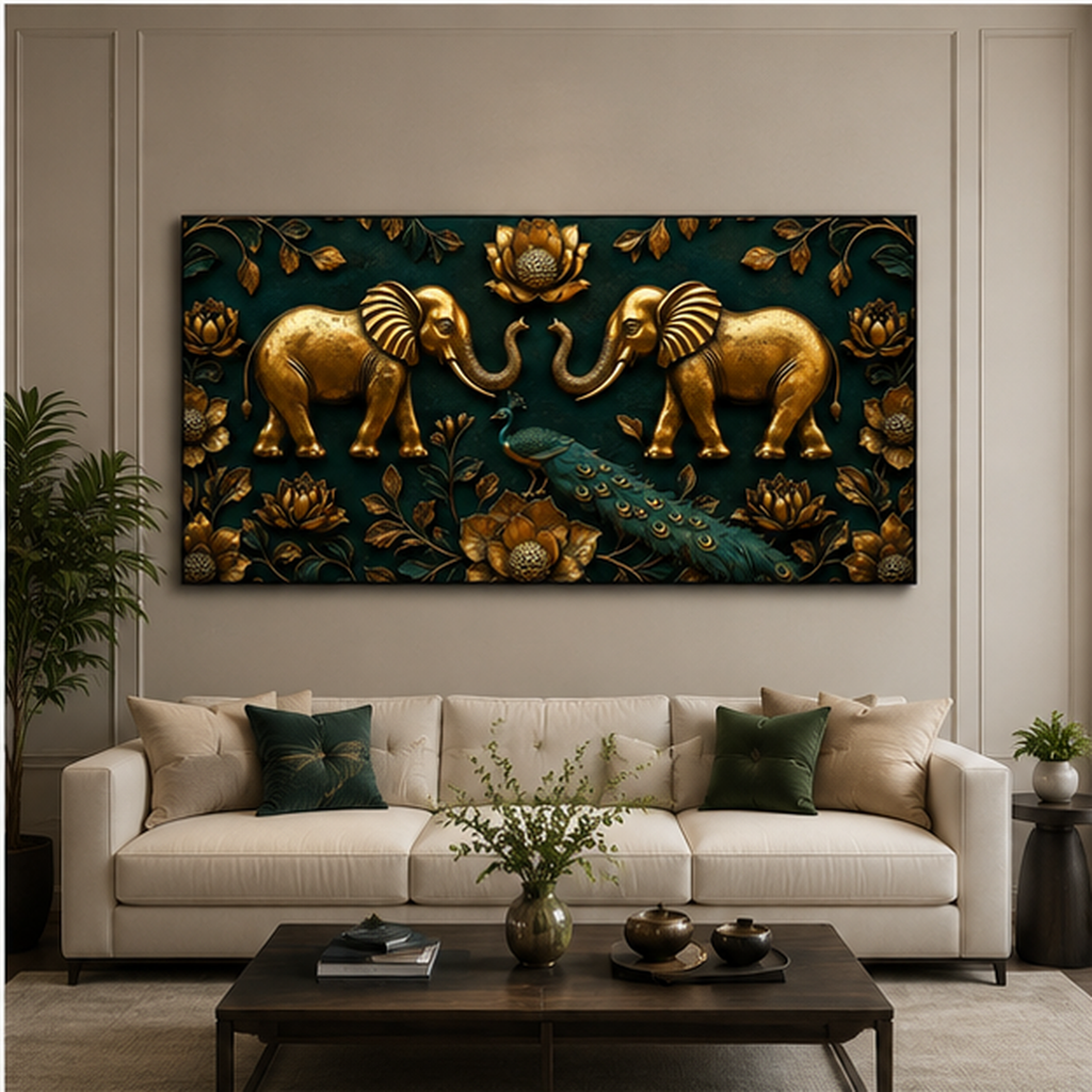 Modern Golden Elephants Emerald Green 3D Canvas Painting