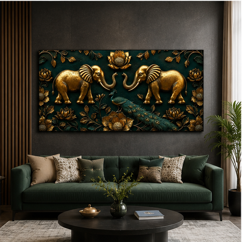 Modern Golden Elephants Emerald Green 3D Canvas Painting