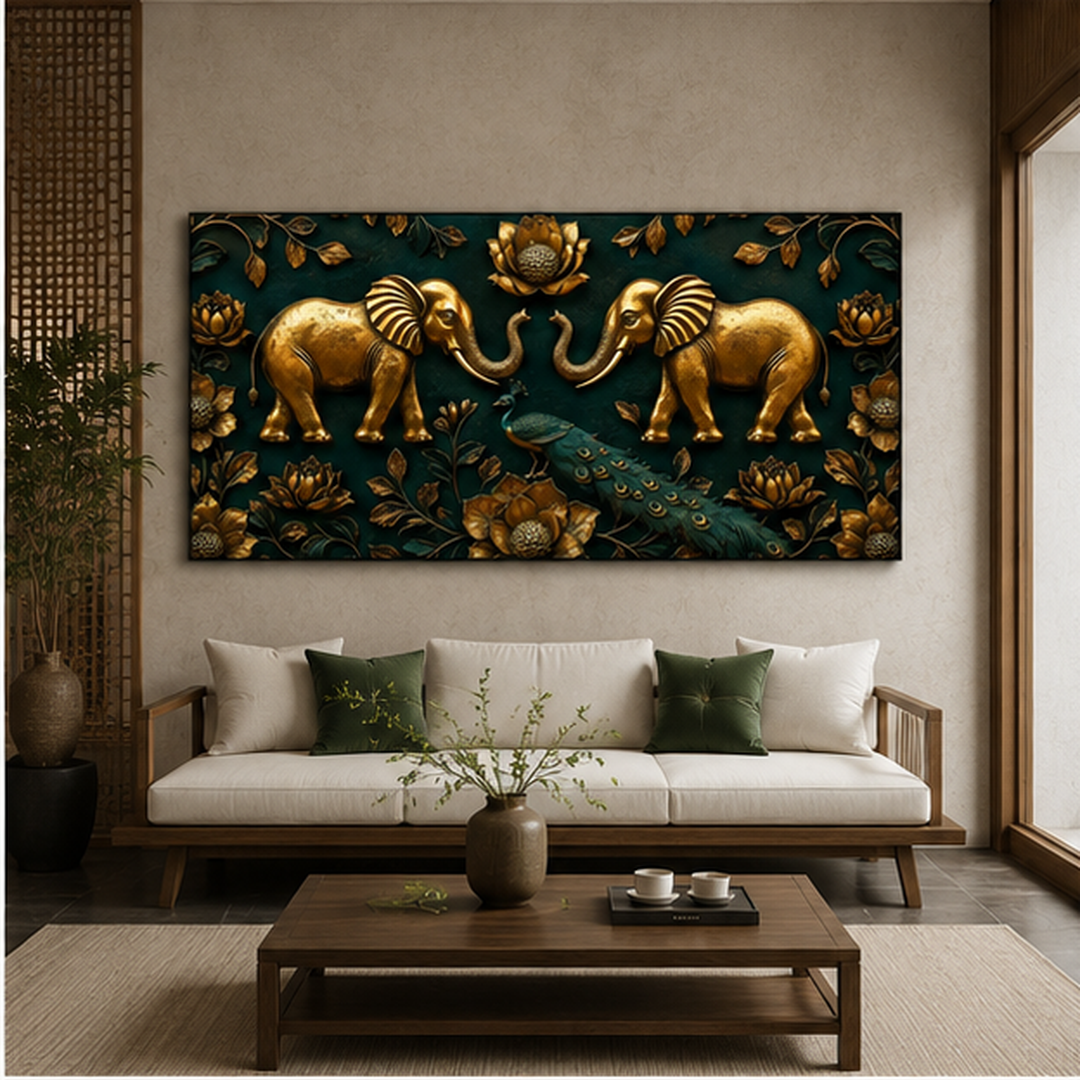 Modern Golden Elephants Emerald Green 3D Canvas Painting