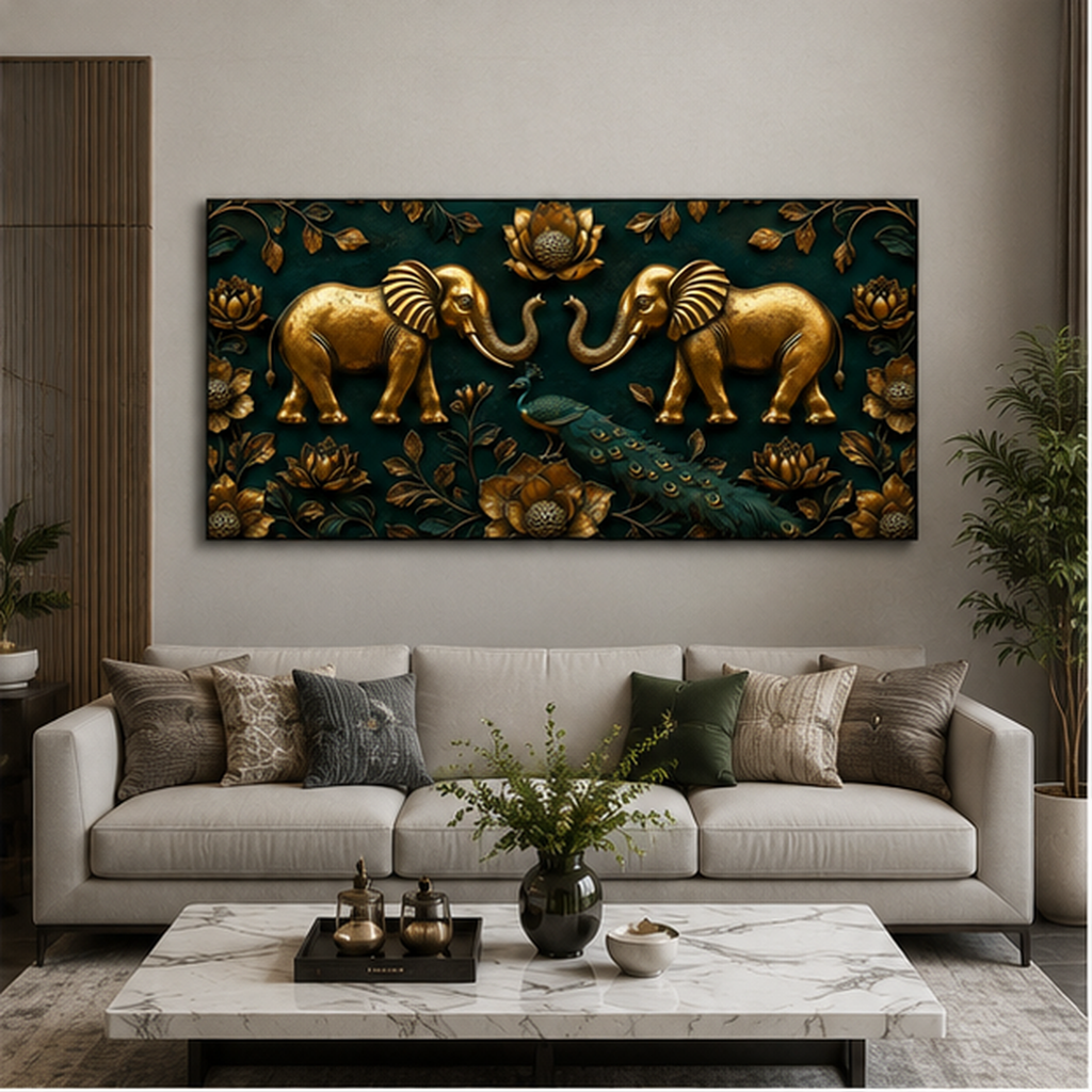 Modern Golden Elephants Emerald Green 3D Canvas Painting