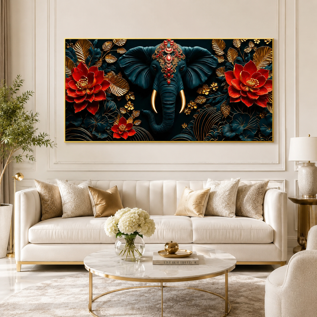 Designer 3D Elephant Wall Art Painting with Vibrant Red Flowers and Golden Embossed Details for Home Decor