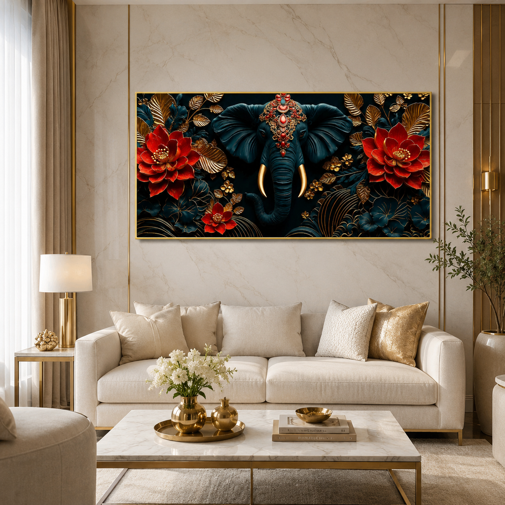 Designer 3D Elephant Wall Art Painting with Vibrant Red Flowers and Golden Embossed Details for Home Decor