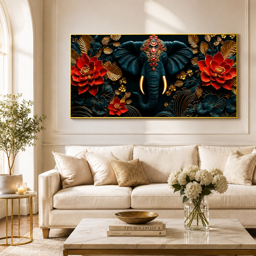 Designer 3D Elephant Wall Art Painting with Vibrant Red Flowers and Golden Embossed Details for Home Decor