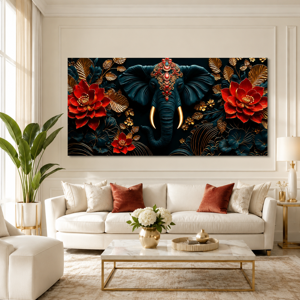 Designer 3D Elephant Wall Art Painting with Vibrant Red Flowers and Golden Embossed Details for Home Decor