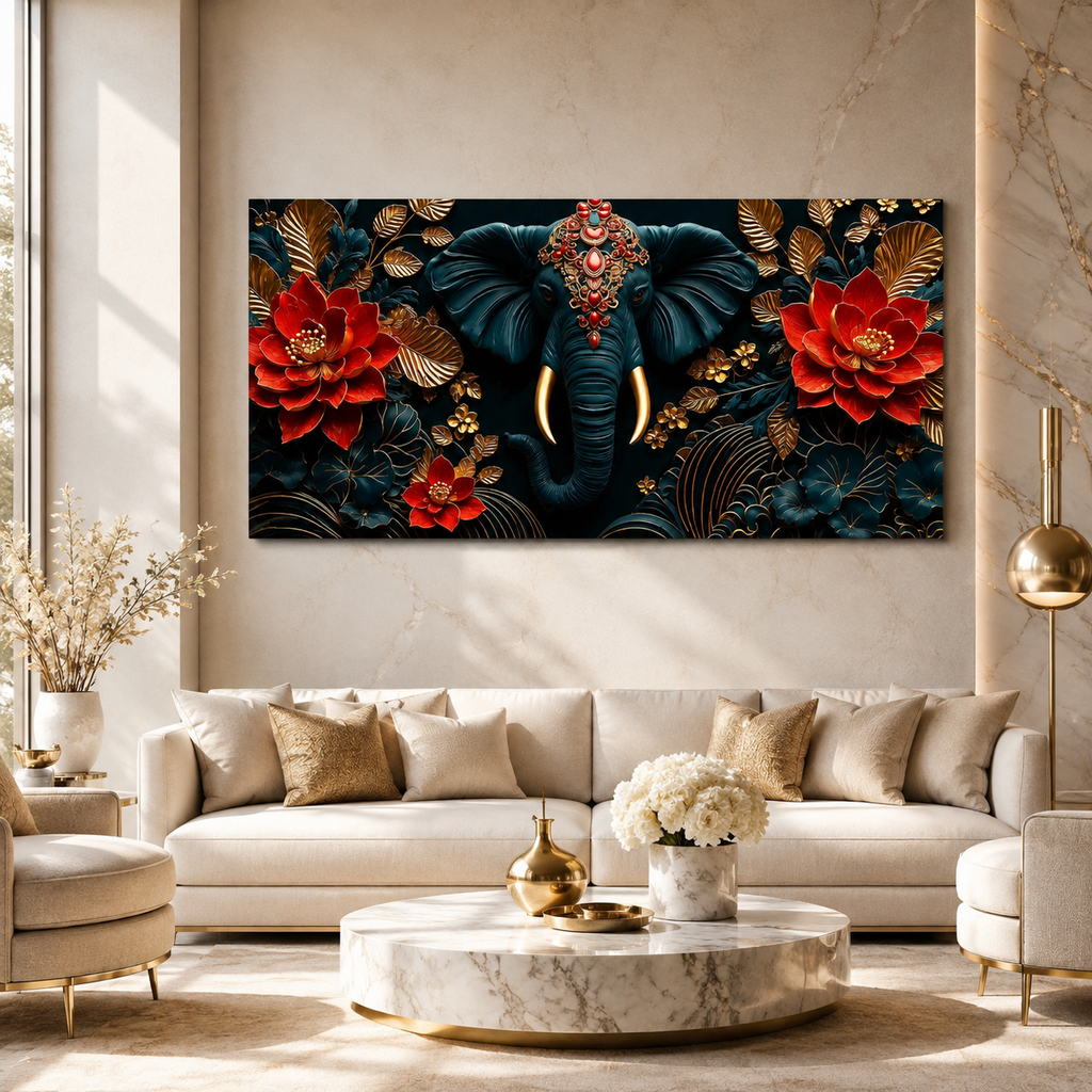 Designer 3D Elephant Wall Art Painting with Vibrant Red Flowers and Golden Embossed Details for Home Decor