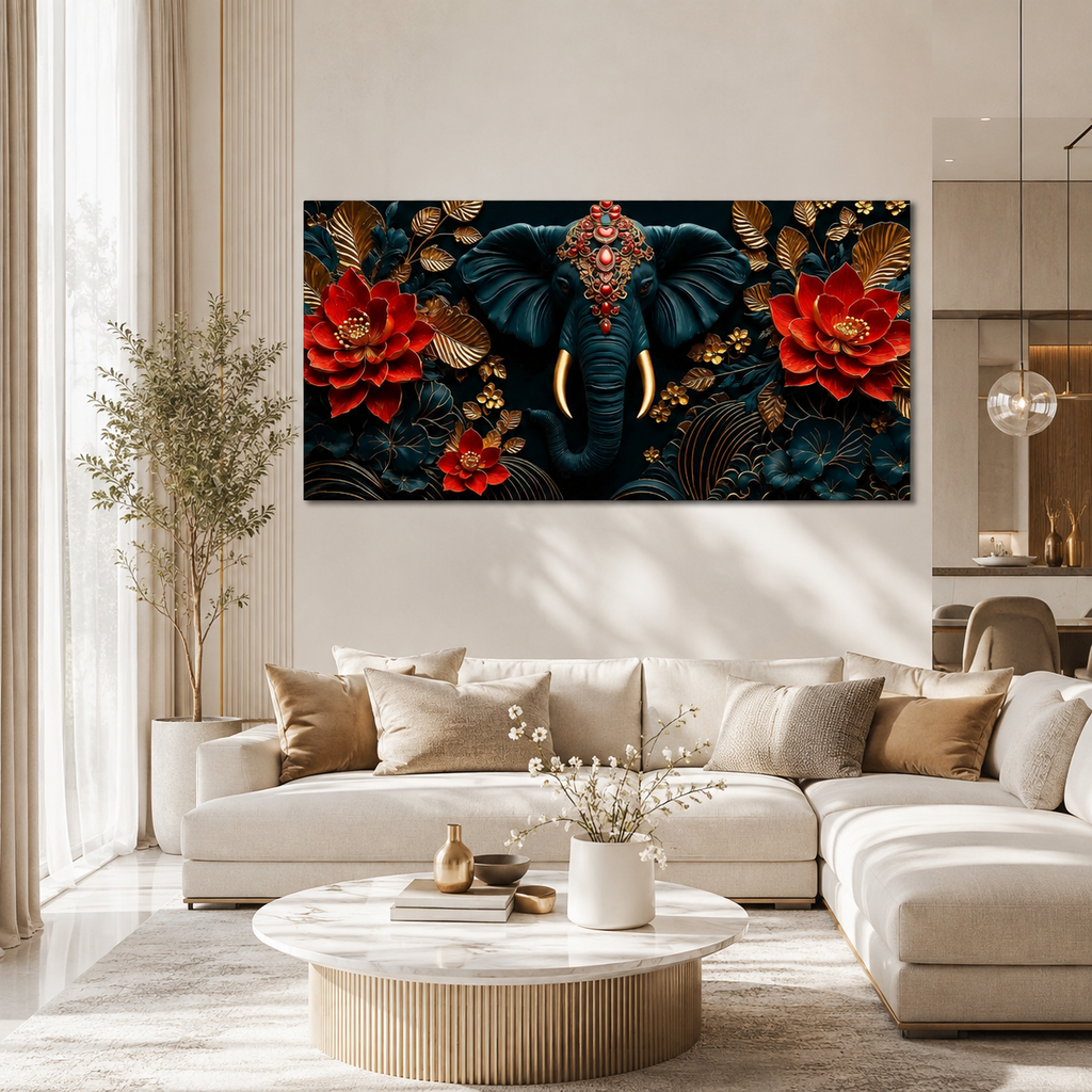 Designer 3D Elephant Wall Art Painting with Vibrant Red Flowers and Golden Embossed Details for Home Decor