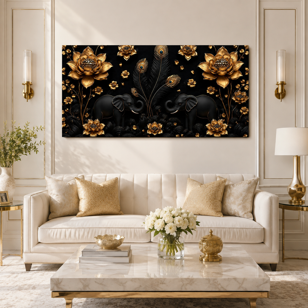 Luxury Twin Elephant 3D Wall Painting with Golden Lotus Flowers and Peacock Feather Details for Home Decor