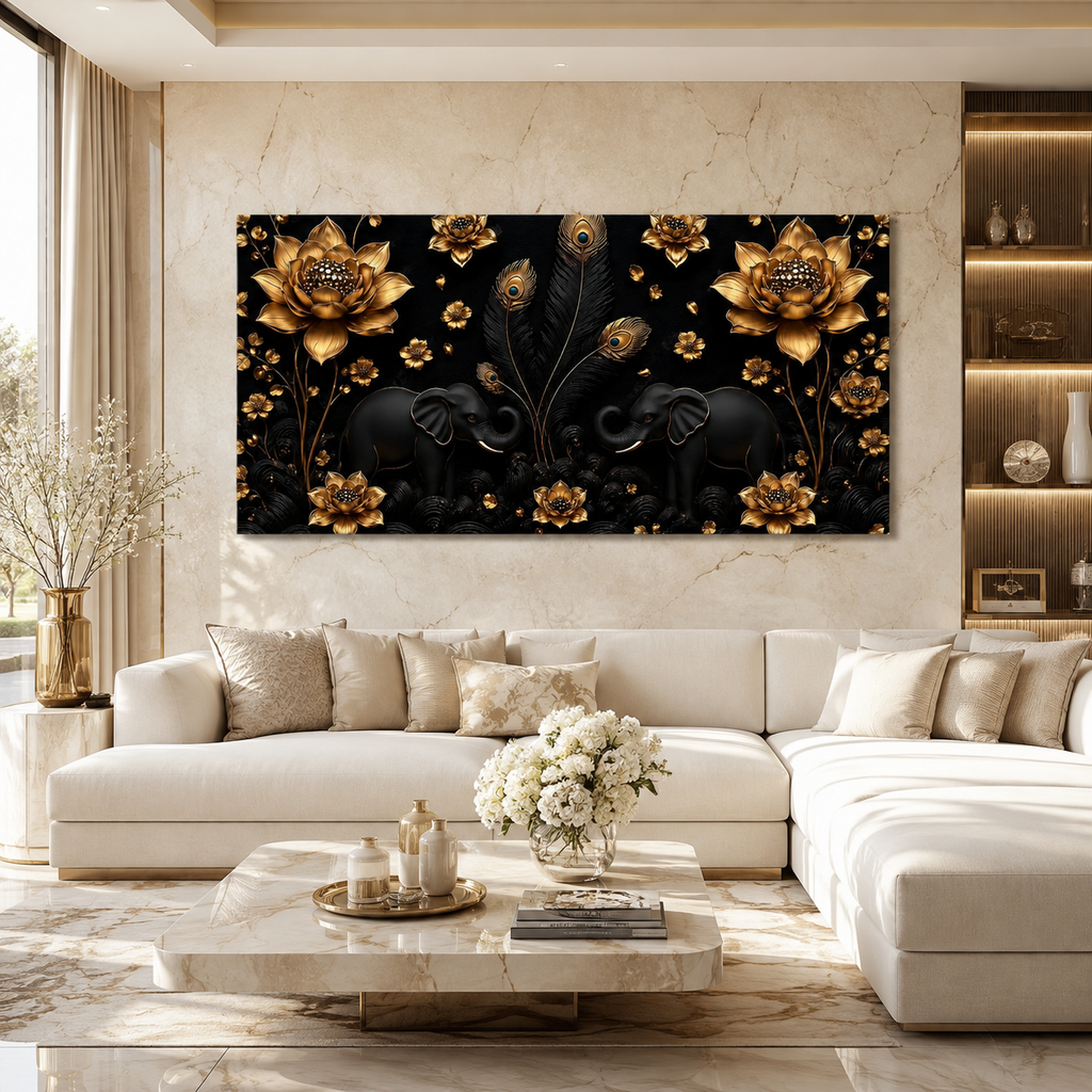 Luxury Twin Elephant 3D Wall Painting with Golden Lotus Flowers and Peacock Feather Details for Home Decor
