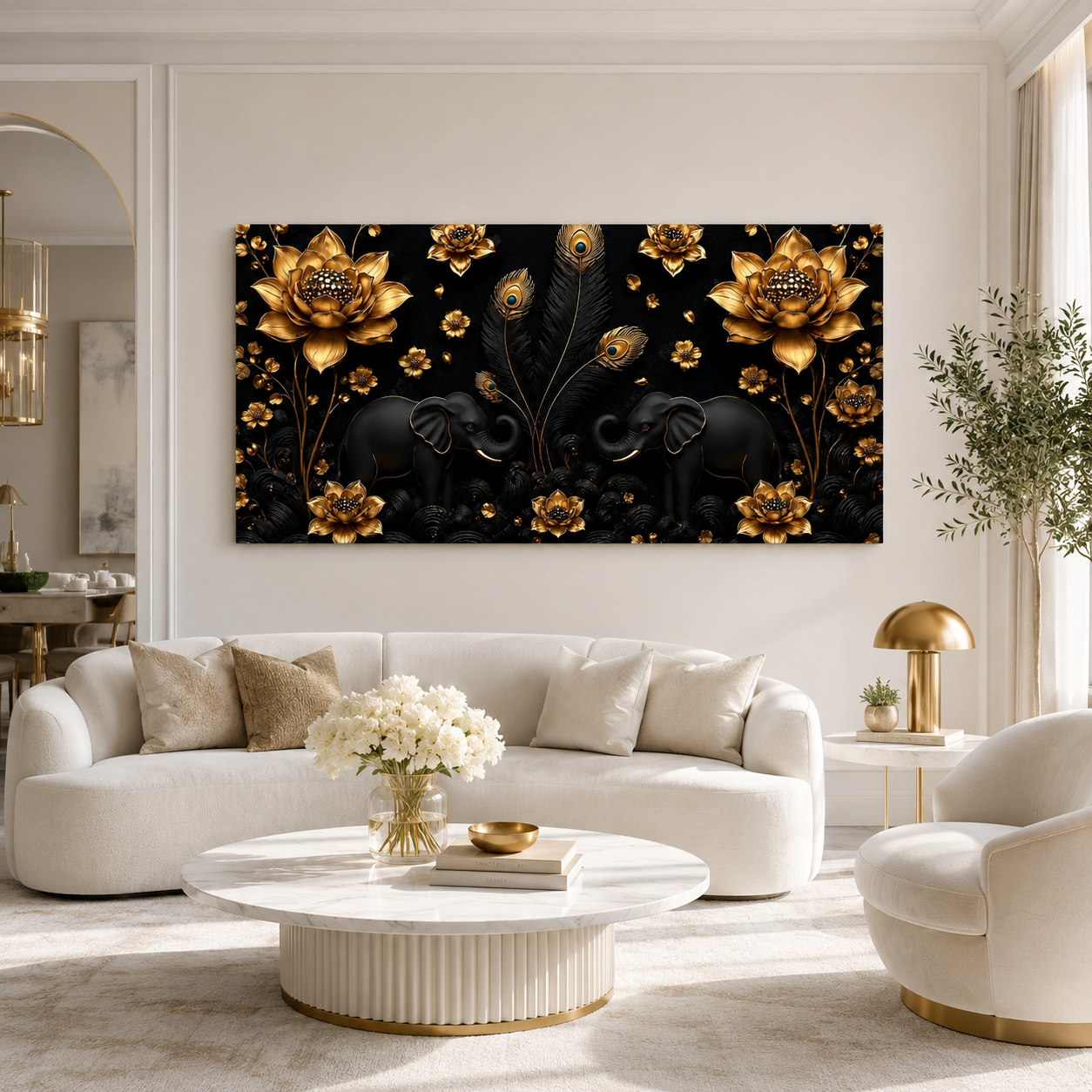 Luxury Twin Elephant 3D Wall Painting with Golden Lotus Flowers and Peacock Feather Details for Home Decor