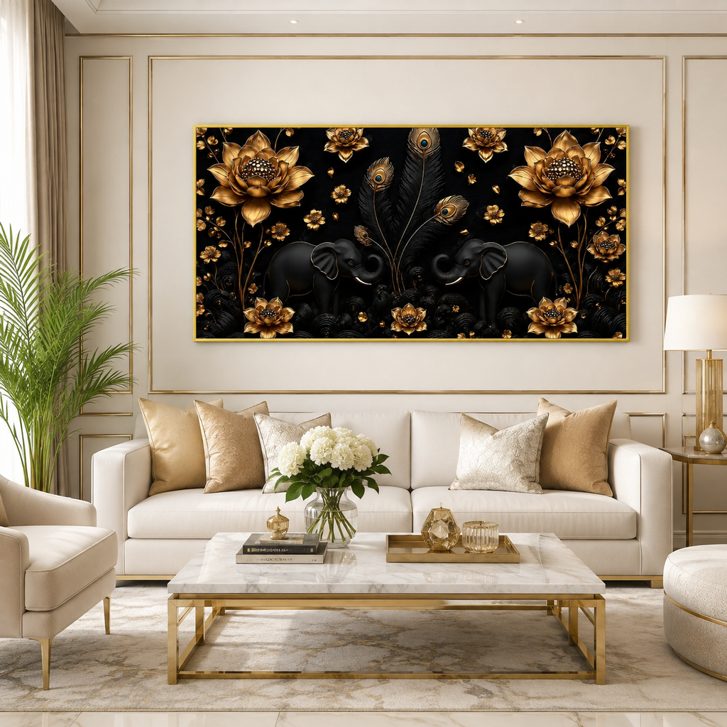 Luxury Twin Elephant 3D Wall Painting with Golden Lotus Flowers and Peacock Feather Details for Home Decor