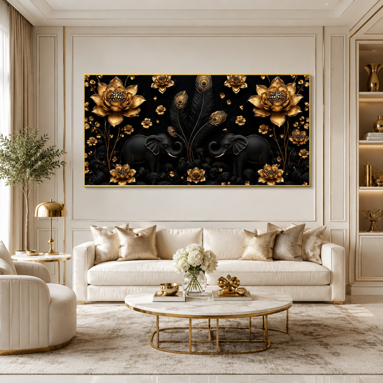 Luxury Twin Elephant 3D Wall Painting with Golden Lotus Flowers and Peacock Feather Details for Home Decor