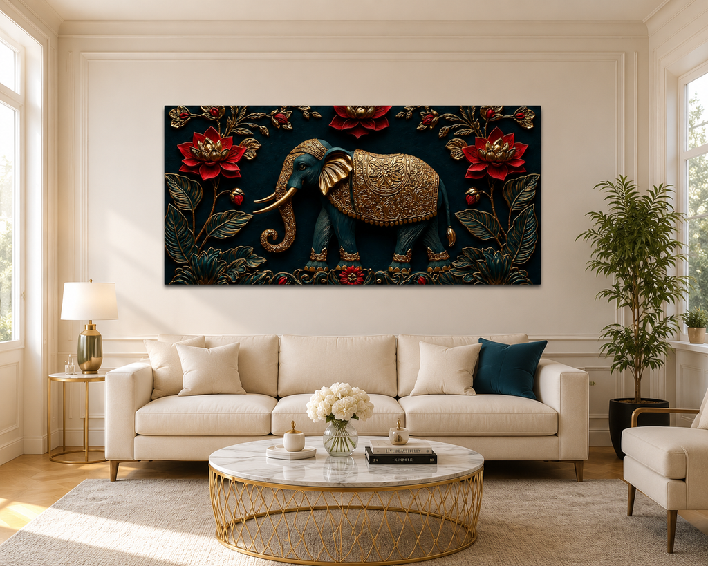 Luxury Elephant 3D Wall Painting with Golden Artwork and Red Lotus Flowers
