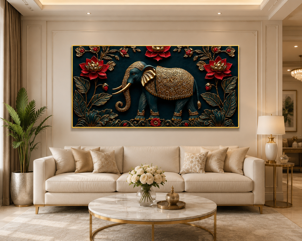 Luxury Elephant 3D Wall Painting with Golden Artwork and Red Lotus Flowers