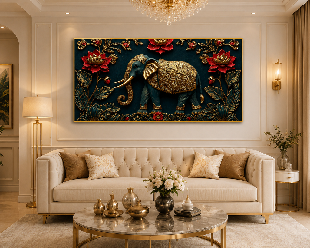 Luxury Elephant 3D Wall Painting with Golden Artwork and Red Lotus Flowers