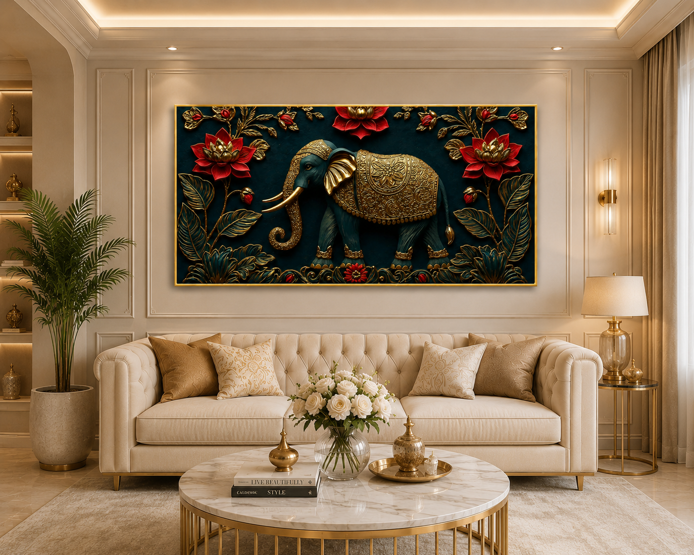 Luxury Elephant 3D Wall Painting with Golden Artwork and Red Lotus Flowers