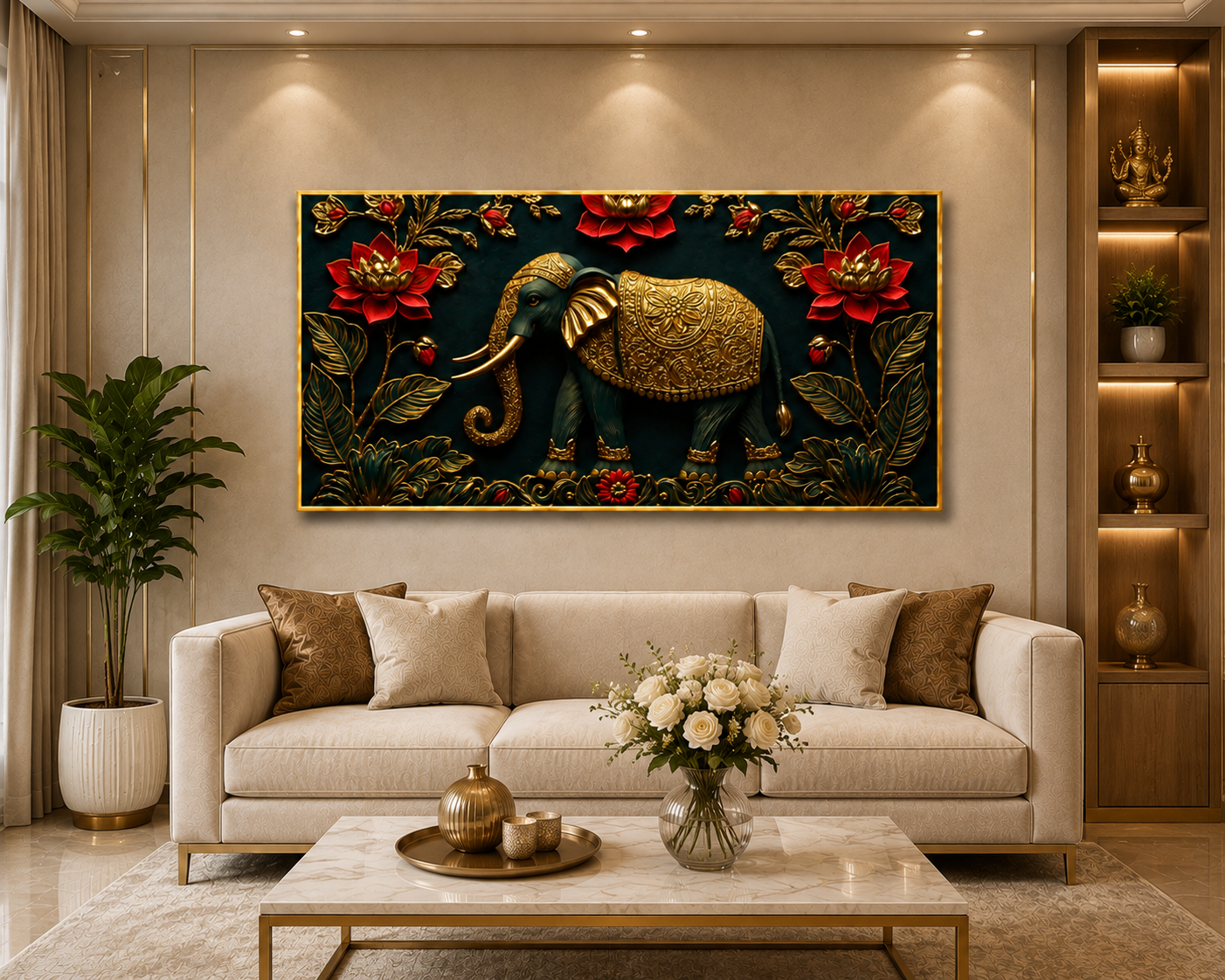 Luxury Elephant 3D Wall Painting with Golden Artwork and Red Lotus Flowers