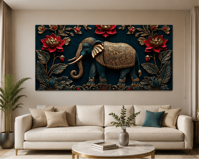 Luxury Elephant 3D Wall Painting with Golden Artwork and Red Lotus Flowers