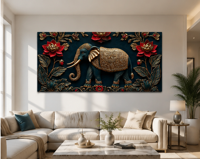 Luxury Elephant 3D Wall Painting with Golden Artwork and Red Lotus Flowers