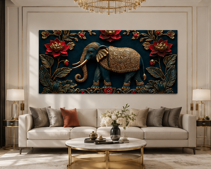 Luxury Elephant 3D Wall Painting with Golden Artwork and Red Lotus Flowers