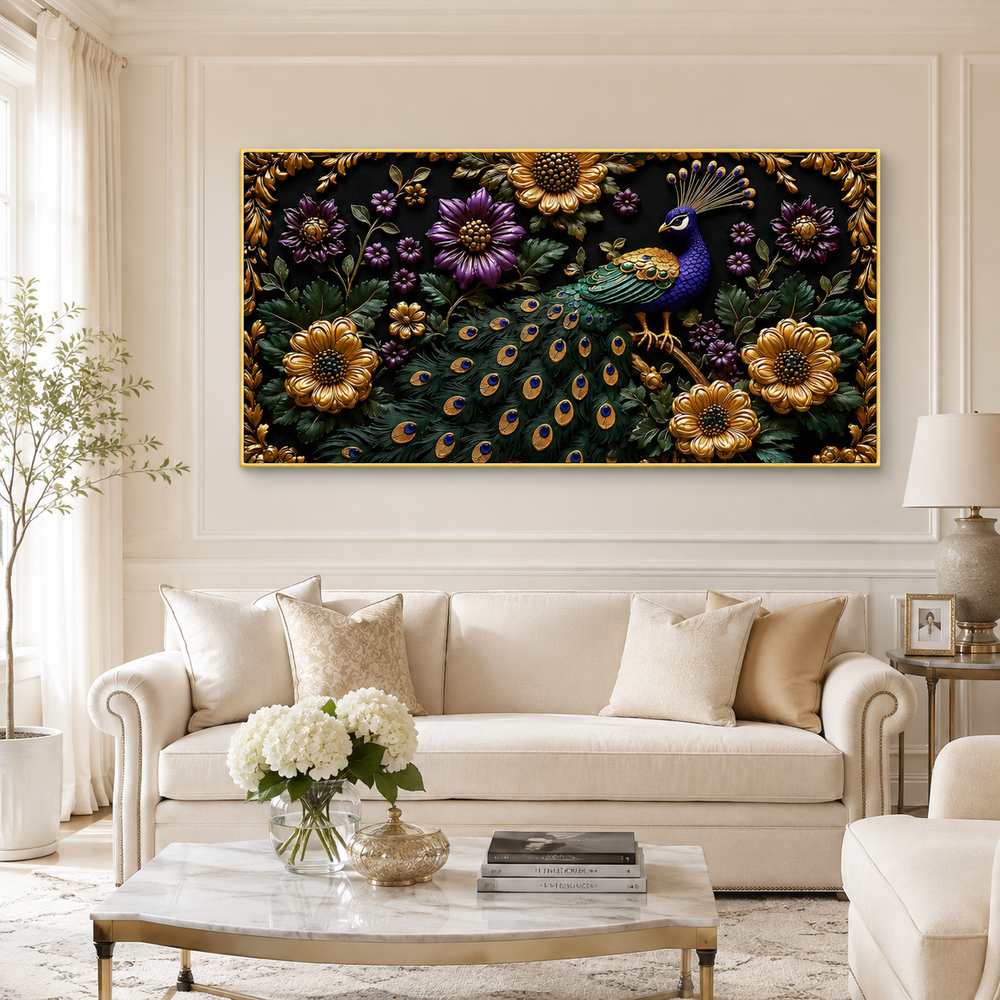 Peacock Wall Painting with Purple Flowers and Golden Floral Details for Luxury Home Decor
