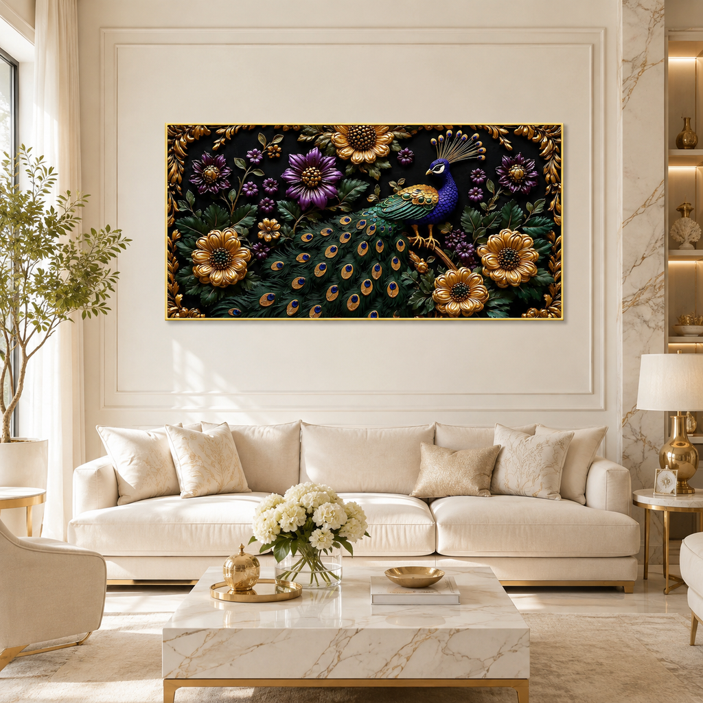 Peacock Wall Painting with Purple Flowers and Golden Floral Details for Luxury Home Decor