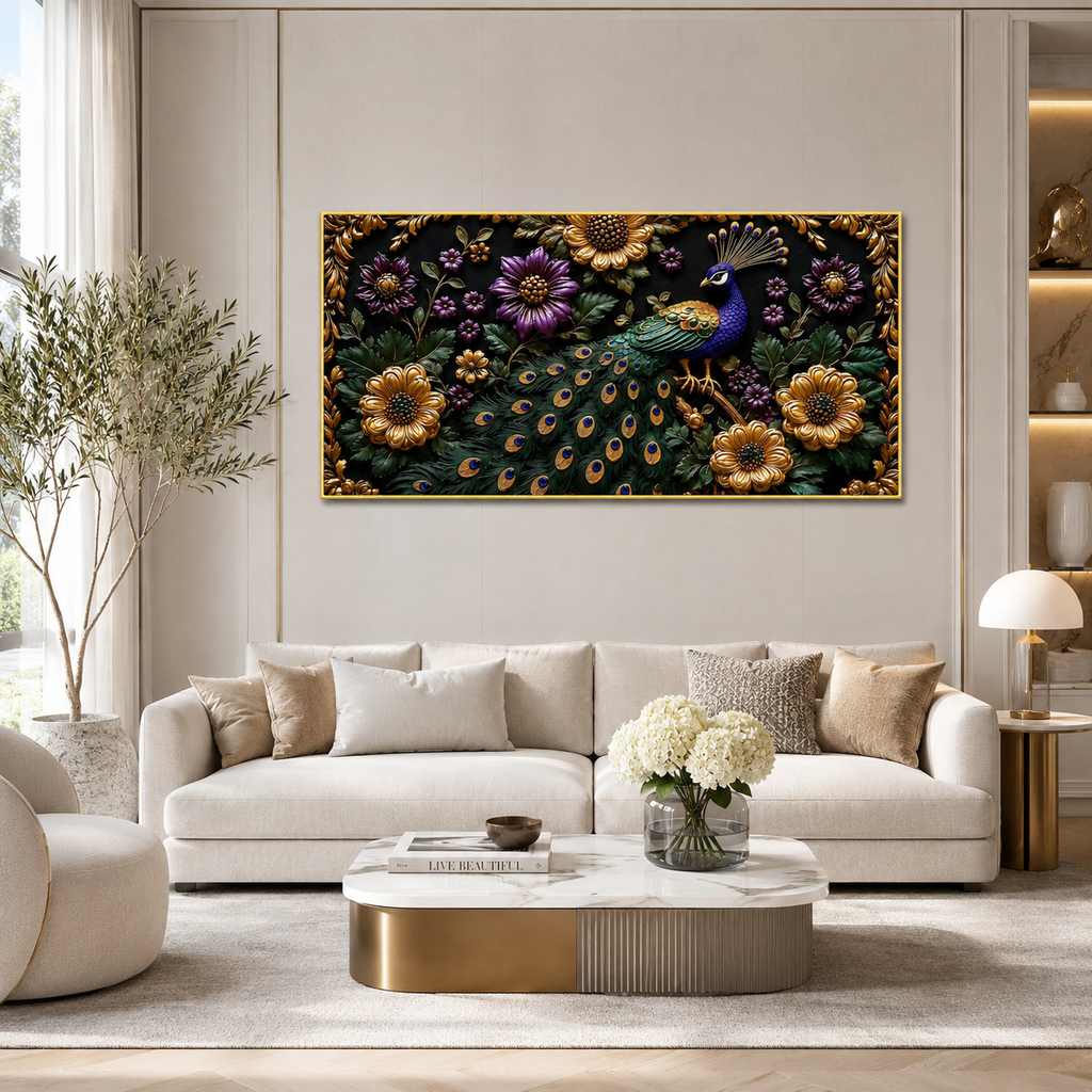 Peacock Wall Painting with Purple Flowers and Golden Floral Details for Luxury Home Decor