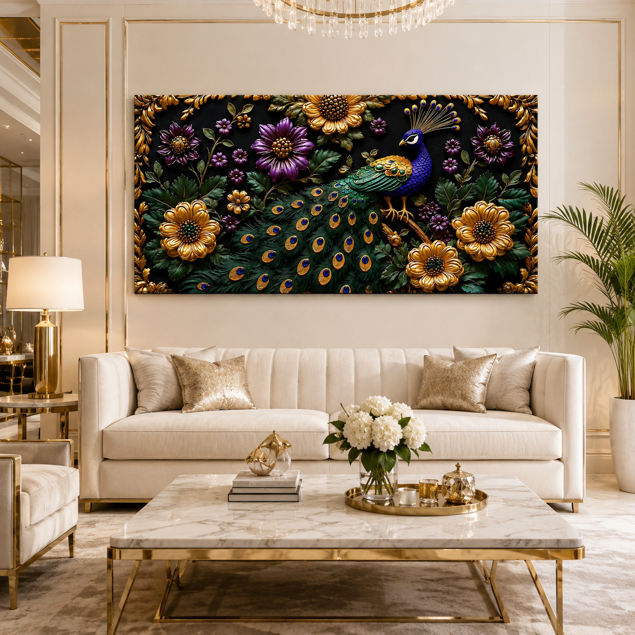 Peacock Wall Painting with Purple Flowers and Golden Floral Details for Luxury Home Decor