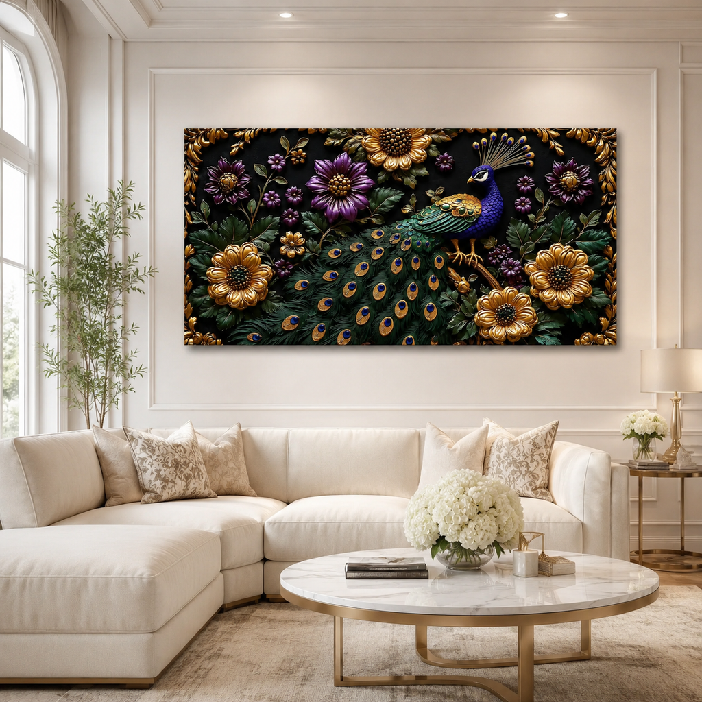 Peacock Wall Painting with Purple Flowers and Golden Floral Details for Luxury Home Decor