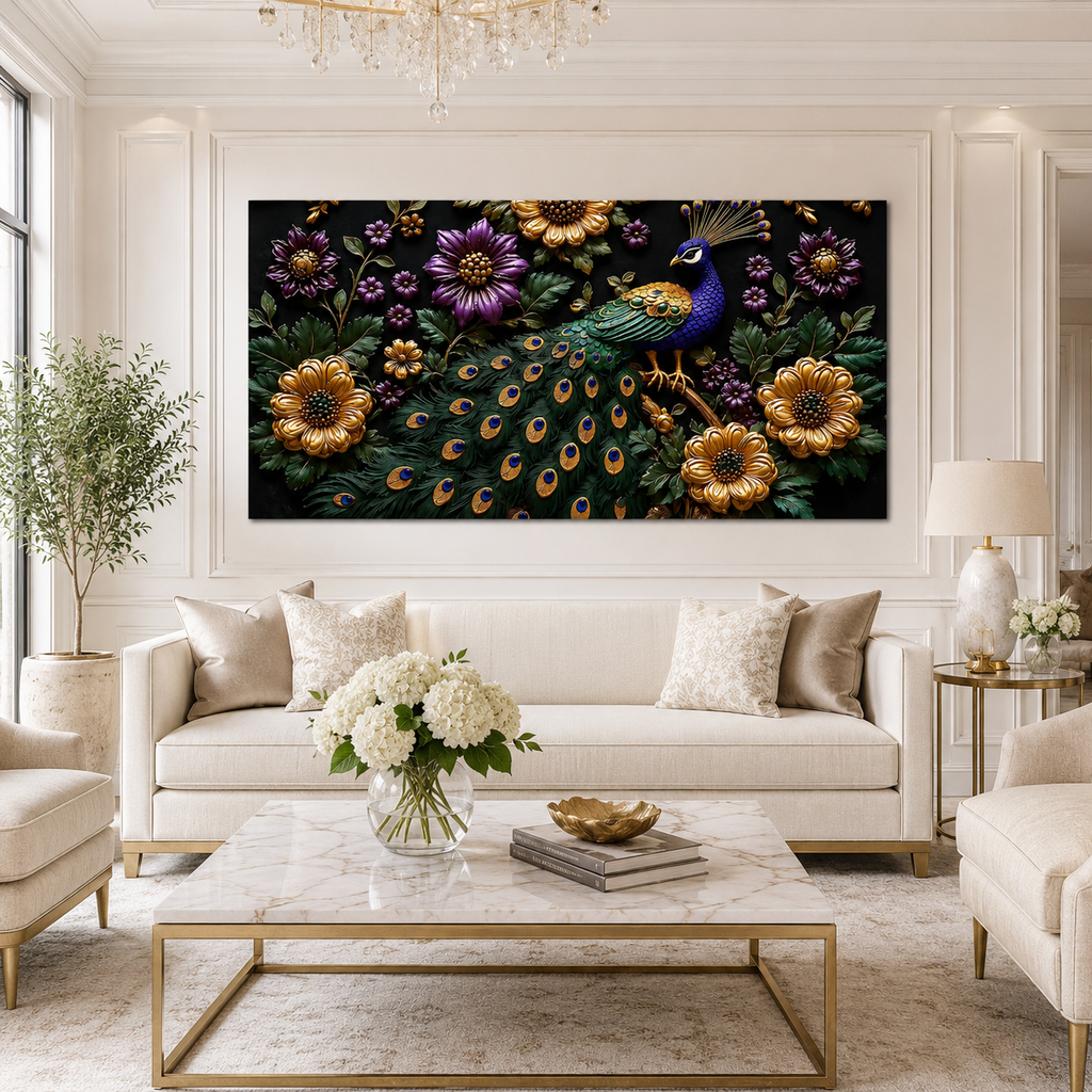 Peacock Wall Painting with Purple Flowers and Golden Floral Details for Luxury Home Decor
