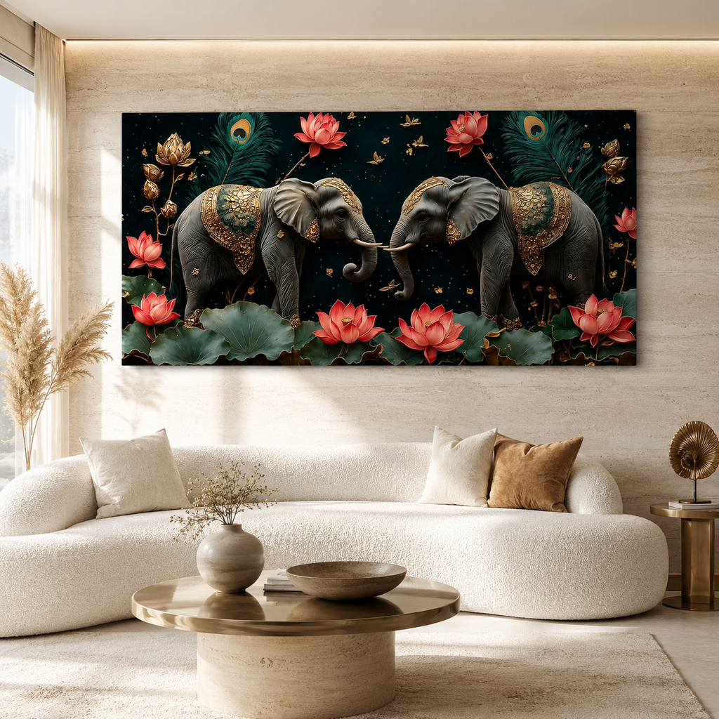 Elegant Black Elephant Pair Lotus 3D Wall Art Painting for Modern Home Living Room