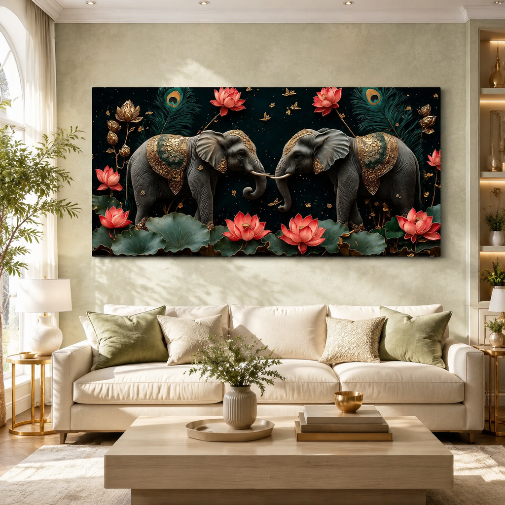 Elegant Black Elephant Pair Lotus 3D Wall Art Painting for Modern Home Living Room