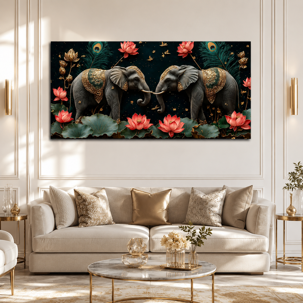 Elegant Black Elephant Pair Lotus 3D Wall Art Painting for Modern Home Living Room