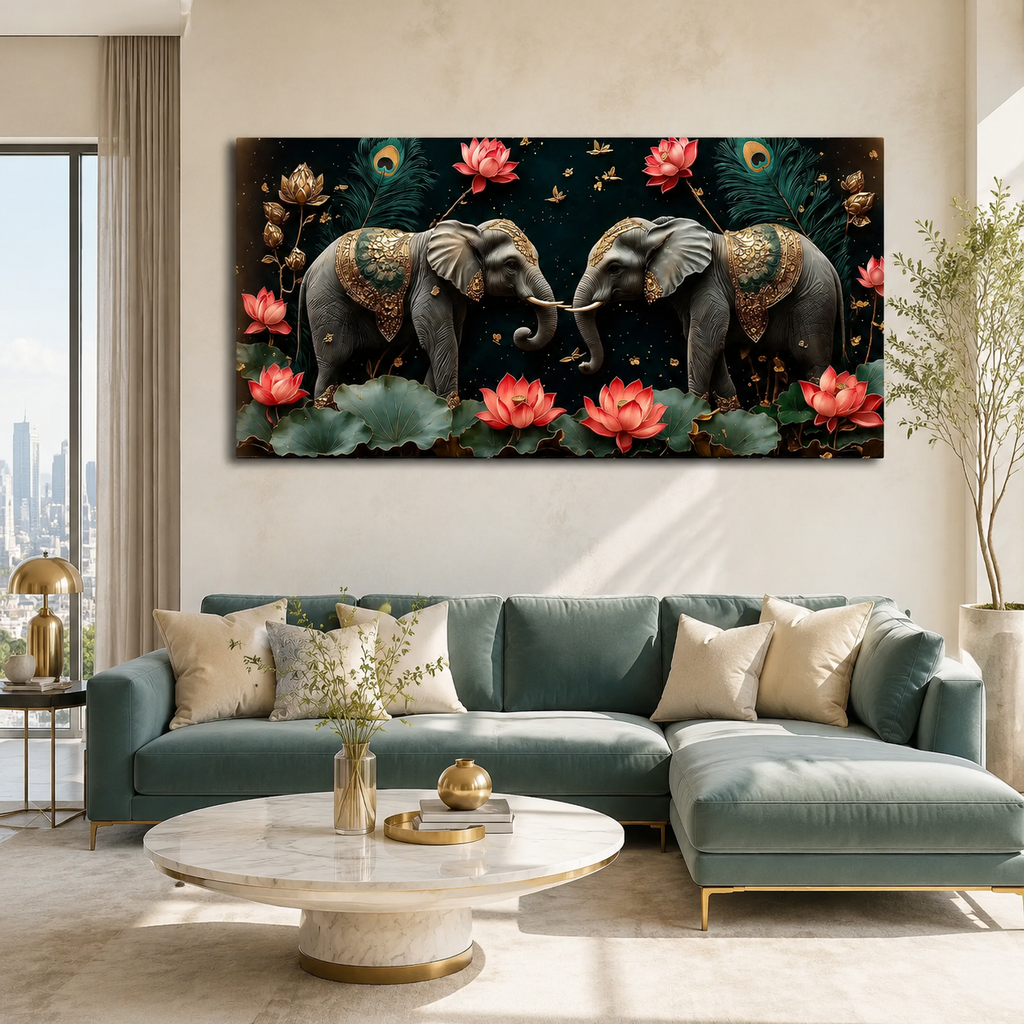 Elegant Black Elephant Pair Lotus 3D Wall Art Painting for Modern Home Living Room