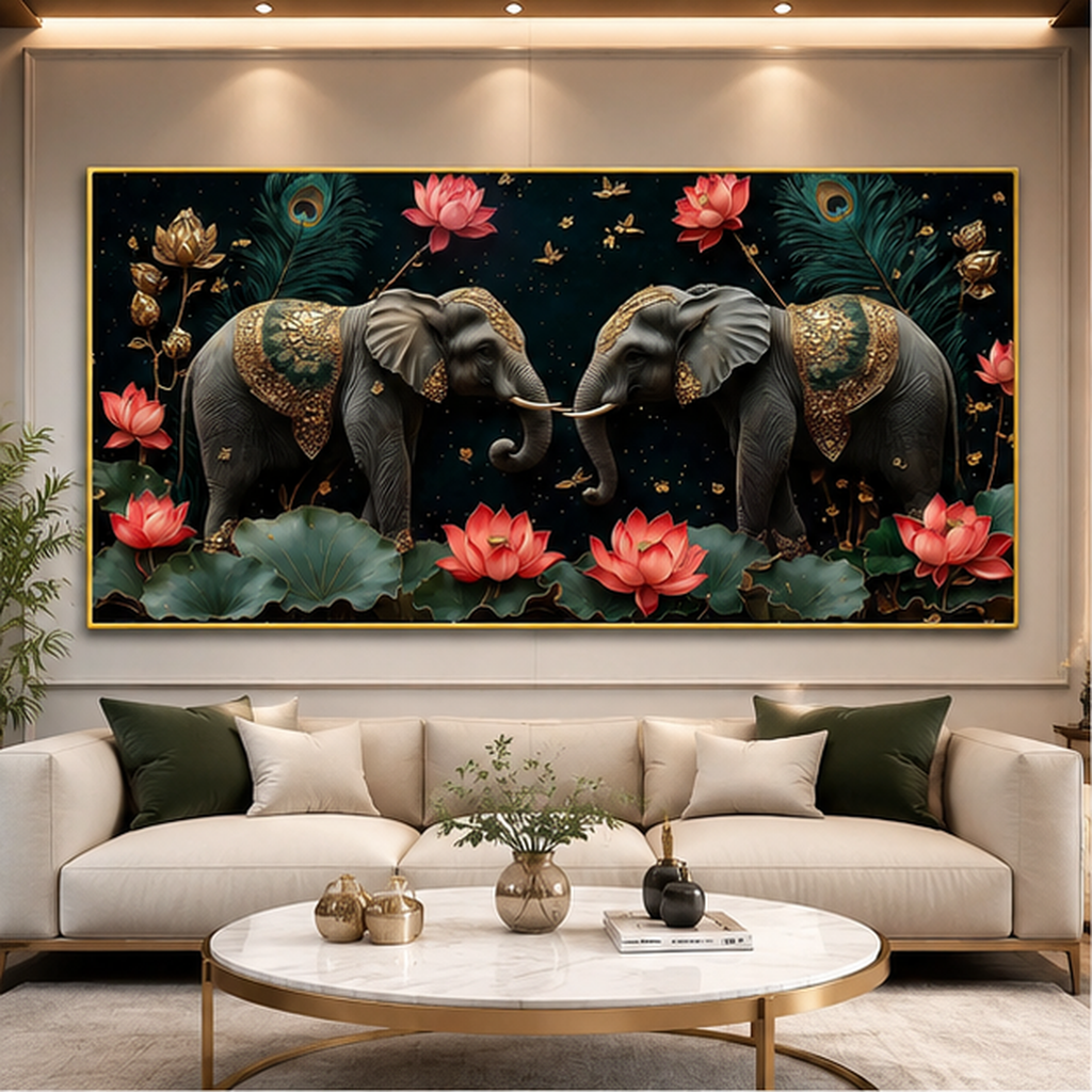 Elegant Black Elephant Pair Lotus 3D Wall Art Painting for Modern Home Living Room